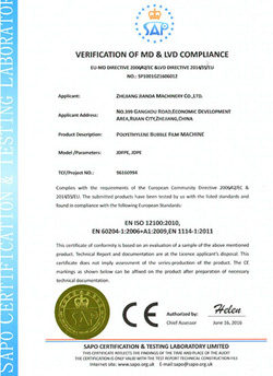 CE authentication for polyethylene bubble film machine