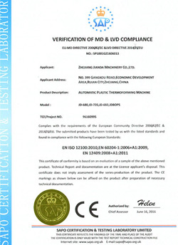 CE authentication for automatic plastic thermoforming machine